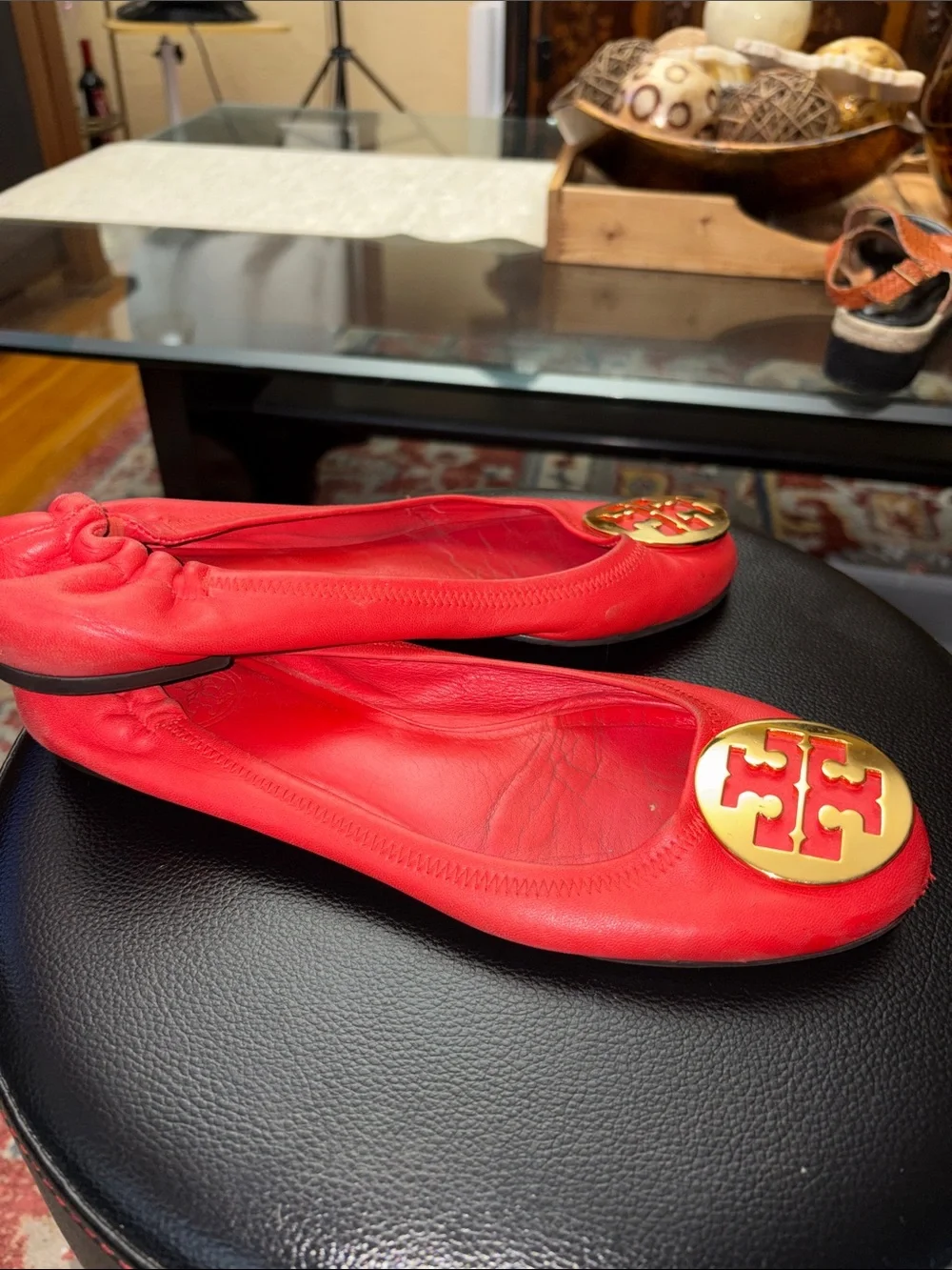 Tory Burch Red Leather Ballet Flats with Gold Logo Medallion